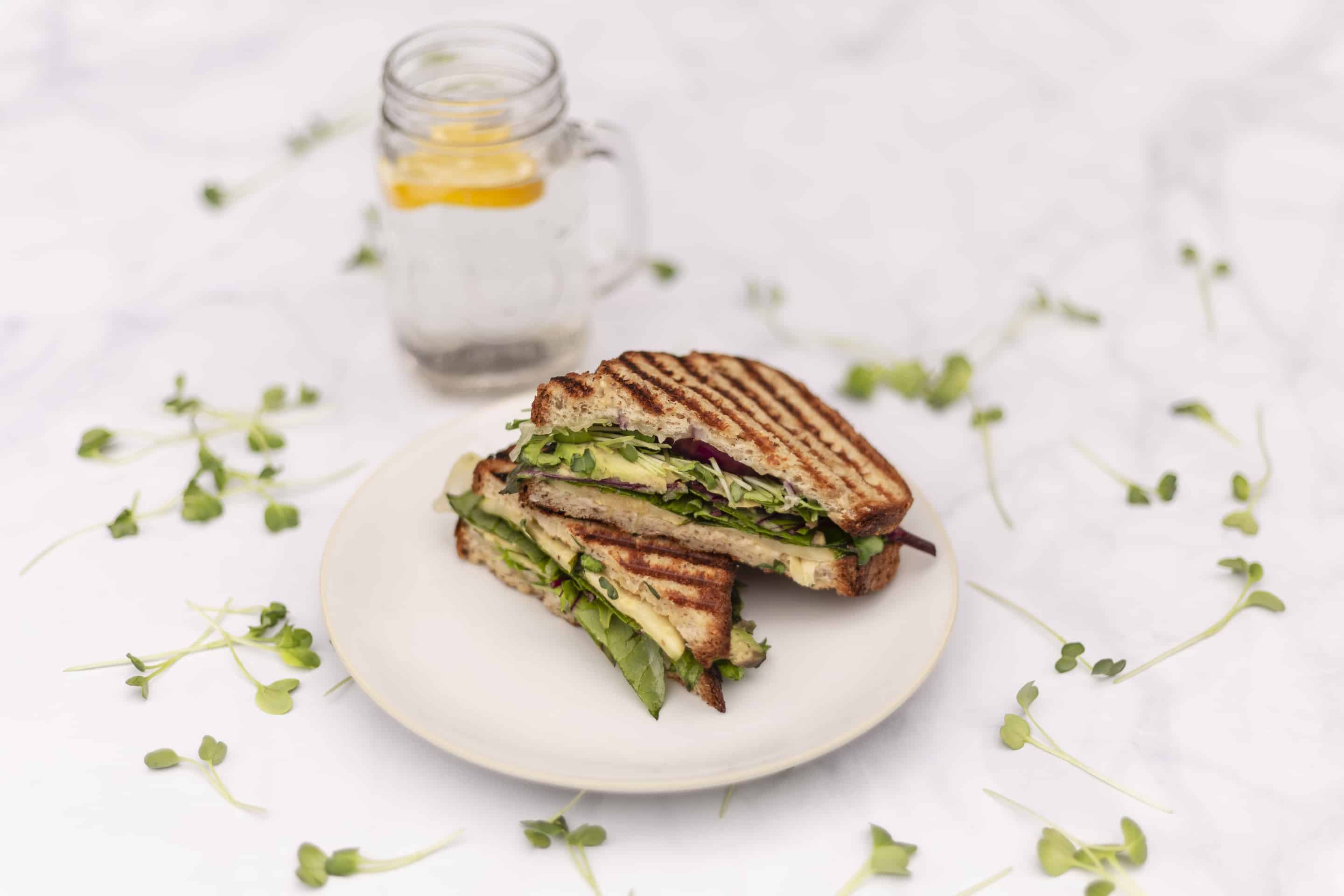 grilled vegetarian sandwich on white plate and marble table with glass of water and lemon slice